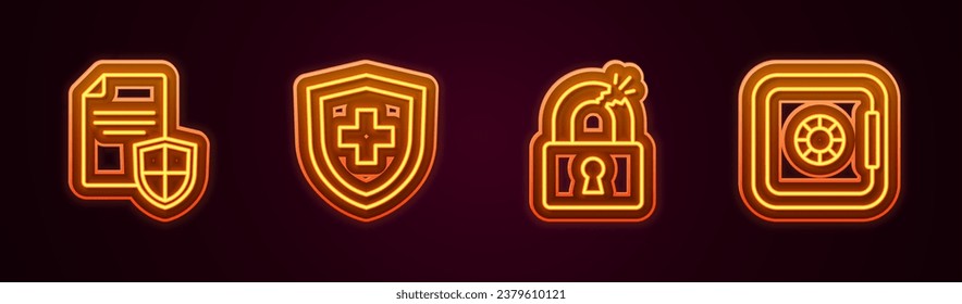 Establecer línea Contrato con escudo, seguro de vida, bloqueo roto o roto y seguro. Icono de neón brillante. Vector