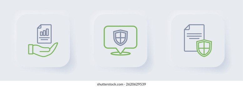 Definir linha Contrato com escudo, Localização e ícone na mão. Vetor