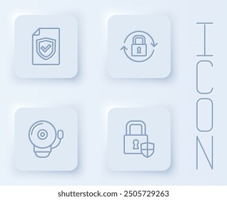 Set line Contract with shield, Lock, Ringing alarm bell and Shield security lock. White square button. Vector