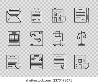 Rahmenvertrag mit Schild, Medizinisches Krankenhaus Gebäude, Haus, Persönliches Dokument, Post und E-Mail, Bestellte Briefumschlag, Bestätigtes Prüfzeichen und Skala der Justiz Symbol. Vektorgrafik