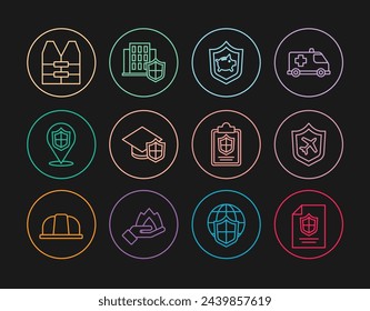 Establecer línea Contrato con escudo, avión, hucha, gorra de graduación, ubicación, chaleco salvavidas, documento e icono de la casa. Vector