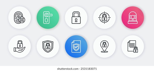 Set line Contract com escudo, Toque campainha de alarme, Bloqueio, Documento e bloqueio e ícone de segurança Escudo. Vetor