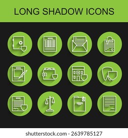 Set line Contract with shield, Scales of justice, Safe, Personal folder, Document, Wallet and money, Tooth and Medical hospital building icon. Vector