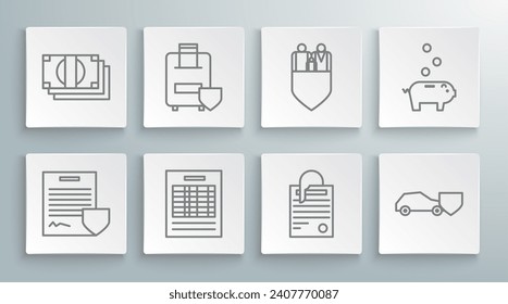 Set line Contract with shield, Traveling baggage insurance, Report file document, File and paper clip, Car, Family, Piggy bank coin and Stacks money cash icon. Vector
