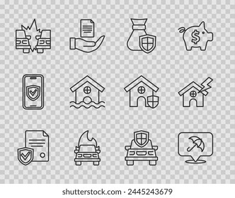 Set line Contract with shield, Umbrella, Money bag, Burning car, Car accident, House flood, insurance and and lightning icon. Vector