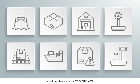 Set line Conveyor belt with box, Carton cardboard, Cargo ship boxes delivery, Delivery security shield, Scale, Warehouse,  and  icon. Vector