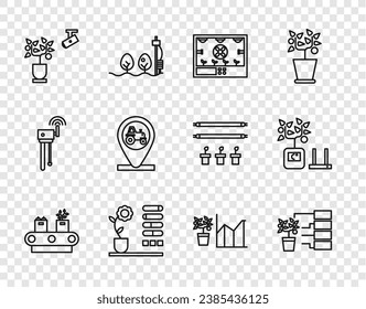 Set line Conveyor belt with box, Flower analysis, Smart farming technology, status, Tractor and location, statistics and  icon. Vector