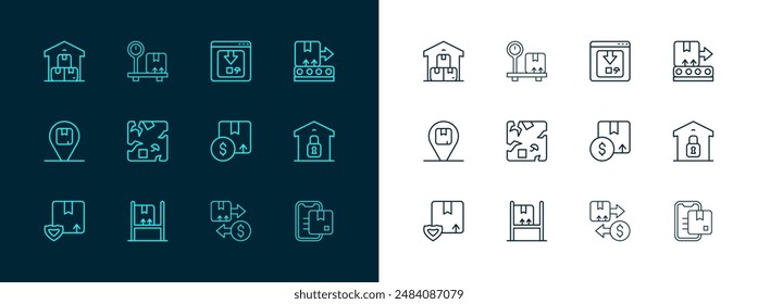 Set line Cinta transportadora con caja, Cajas interiores de almacén, Cartón de cartón, Impuesto, Roto, Seguimiento de entrega de App en línea, Almacén completo e ícono de escala. Vector