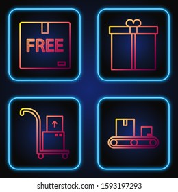 Set line Conveyor belt with cardboard box , Hand truck and boxes , Cardboard box with free symbol  and Gift box . Gradient color icons. Vector