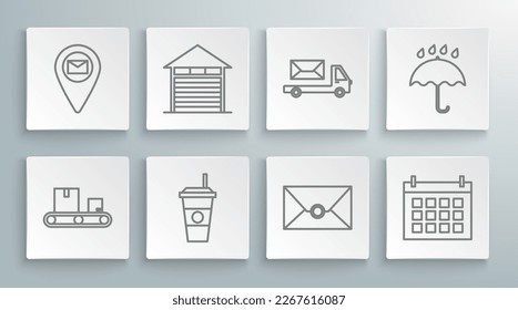 Fijar la correa del contenedor con caja de cartón, almacén cerrado, taza de café, sobres, calendario, camión de correos, gotas de paraguas y lluvia y icono del mapa del marcador de posición. Vector