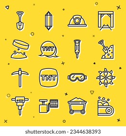 Set line Conveyor belt carrying coal, Bucket wheel excavator, Shovel and stone, Miner helmet, Dynamite, Giant magnet holding iron dust,  and Construction jackhammer icon. Vector