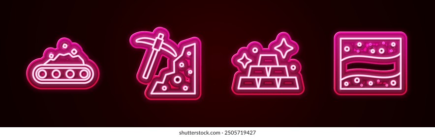 Set line Conveyor belt carrying coal, Pickaxe, Gold bars and mine. Glowing neon icon. Vector