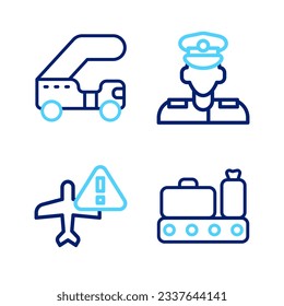 Set line Conveyor belt with suitcase, Warning aircraft, Pilot and Passenger ladder icon. Vector