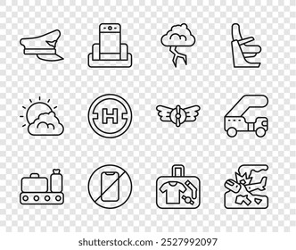 Definir linha Correia transportadora com mala, Queda de avião, Tempestade, Sem telefone celular, chapéu Piloto, Pousada de pouso de helicóptero, Maleta e ícone de escada de passageiros. Vetor