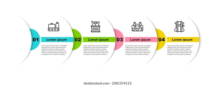 Set line Conveyor belt with suitcase, Plane, Aircraft steering helm and Parachute. Business infographic template. Vector