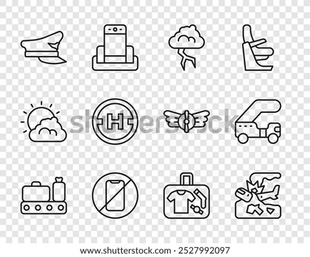 Set line Conveyor belt with suitcase, Plane crash, Storm, No cell phone, Pilot hat, Helicopter landing pad, Suitcase and Passenger ladder icon. Vector