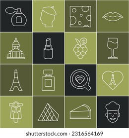 Set line Cook, Eiffel tower with heart, Wine glass, Cheese, Lipstick, Museum building, Perfume and Grape fruit icon. Vector
