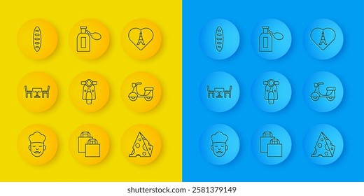 Set line Cook, French cafe, Scooter, Cheese, baguette bread, Eiffel tower with heart and Perfume icon. Vector