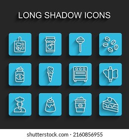 Set line Cook, Pudding custard, Cutting board, Coffee cup to go, Piece cake, Ice cream waffle cone, Rolling pin dough and Oven icon. Vector