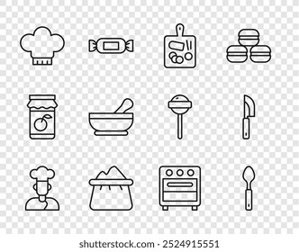 Set line Cook, Spoon, Cutting board, Bag of flour, Chef hat, Mortar and pestle, Oven and Knife icon. Vector