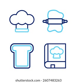 Set line Cookbook, Bread toast, Rolling pin on dough and Chef hat icon. Vector
