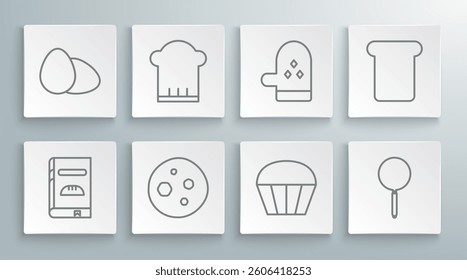 Set line Cookbook, Chef hat, Cookie or biscuit with chocolate, Muffin, Frying pan, Oven glove, Bread toast and Chicken egg icon. Vector