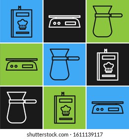 Set line Cookbook, Coffee turk and Electronic scales icon. Vector