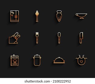 Set line Cookbook, Cooking pot, Refrigerator, Covered with tray of food, Kitchen apron, Fork, Bread knife and Spoon icon. Vector