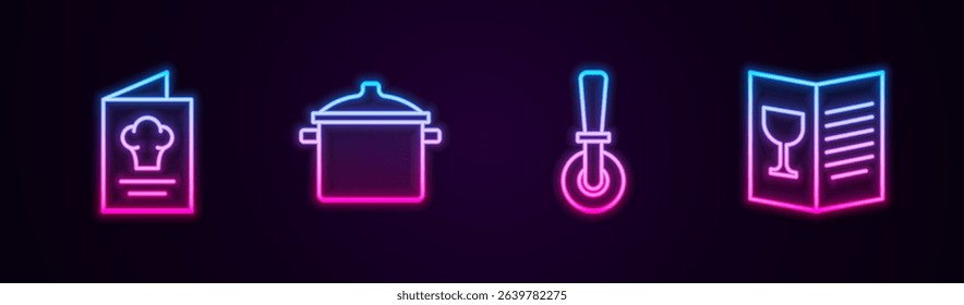 Set line Cookbook, Cooking pot, Pizza knife and Restaurant cafe menu. Glowing neon icon. Vector