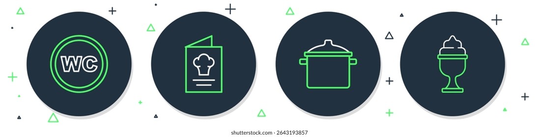 Set line Cookbook, Cooking pot, Toilet and Ice cream bowl icon. Vector