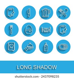 Set line Cookbook, Covered with tray, Cutting board and knife, Sauce bottle, Plate, Kitchen timer, meat chopper and Wooden table chair icon. Vector