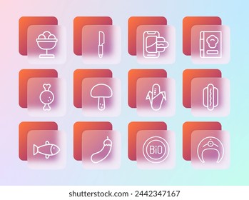 Set line Cookbook, Eggplant, Corn, Banner for bio, Mushroom, Food ordering on mobile, Ice cream the bowl and Knife icon. Vector