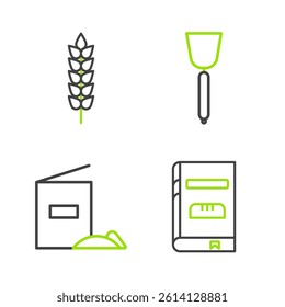 Set line Cookbook, Flour pack, Spatula and Cereals with rice, wheat, corn, oats, rye icon. Vector