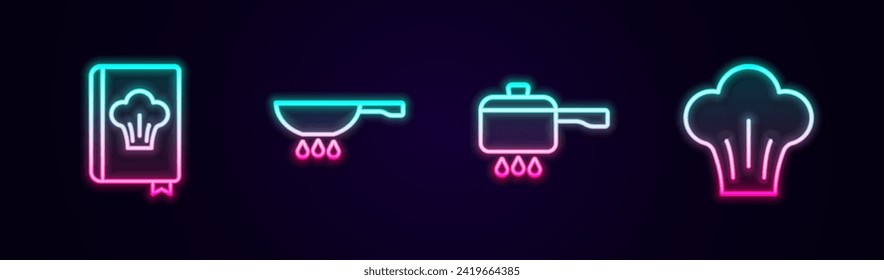 Set line Cookbook, Frying pan on fire, Cooking pot and Chef hat. Glowing neon icon. Vector