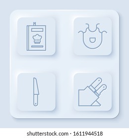 Set line Cookbook, Kitchen apron, Knife and Knife. White square button. Vector