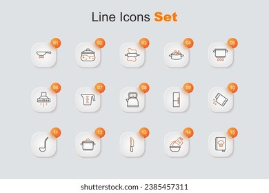 Set line Cookbook, Measuring cup and bowl, Knife, Cooking pot, Kitchen ladle, Packet of pepper, Refrigerator and Kettle with handle icon. Vector