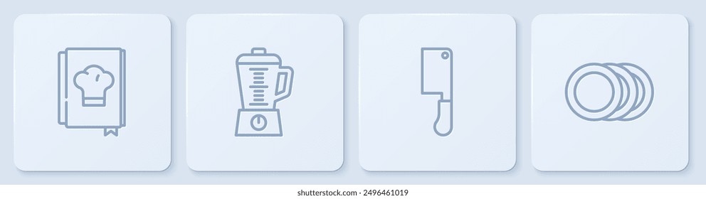 Set line Cookbook, Meat chopper, Blender and Plate. White square button. Vector