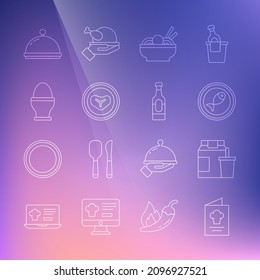 Set line Cookbook, Online ordering and delivery, Served fish on plate, Asian noodles bowl, Steak meat, Chicken egg stand, Covered with tray and Wine bottle icon. Vector