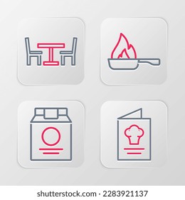 Set line Cookbook, Online ordering and delivery, Frying pan and Wooden table with chair icon. Vector