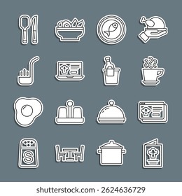 Set line Cookbook, Online ordering and delivery, Coffee cup, Served fish on plate, Kitchen ladle, Knife spoon and Champagne ice bucket icon. Vector