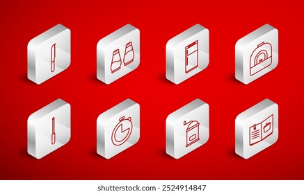 Set-Linie Kochbuch, Salz und Pfeffer, Kühlschrank, Backofen, Manuelle Kaffeemühle, Brotmesser, Küchentimer und Messerschärfer-Symbol. Vektorgrafik