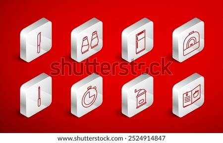 Set line Cookbook, Salt and pepper, Refrigerator, Oven, Manual coffee grinder, Bread knife, Kitchen timer and Knife sharpener icon. Vector
