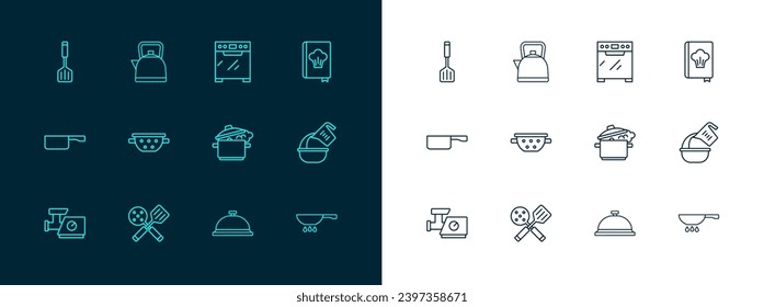 Fijar línea Libro de cocina, Espatula, olla de cocina, Cubierta con bandeja de comida, Colador de cocina, Horno y icono de mango de hervidor de agua. Vector