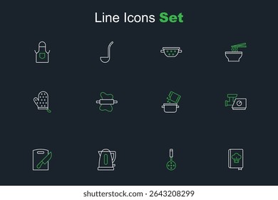 Set line Cookbook, Spatula, Electric kettle, Cutting board and knife, Kitchen meat grinder, Cooking pot spice, Rolling pin on dough and Oven glove icon. Vector