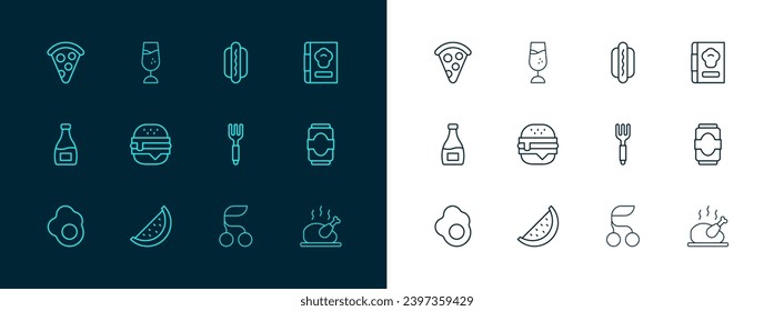 Set line Cookbook, Watermelon, Fork, Fresh berries, Burger, Hotdog, Slice of pizza and Wine glass icon. Vector