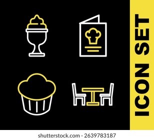 Set line Cookbook, Wooden table with chair, Cupcake and Ice cream in bowl icon. Vector