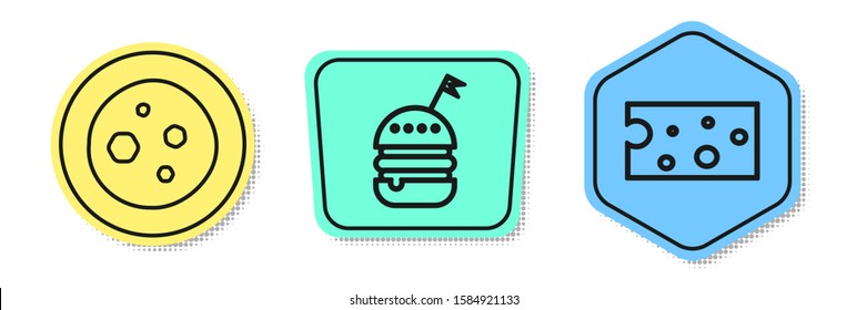 Set line Cookie or biscuit with chocolate , Burger  and Cheese . Colored shapes. Vector