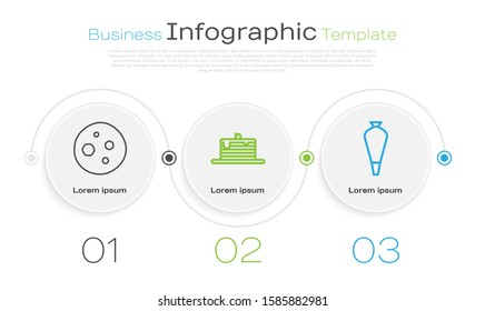 Set line Cookie or biscuit with chocolate , Stack of pancakes  and Pastry bag for decorate cakes. Business infographic template. Vector