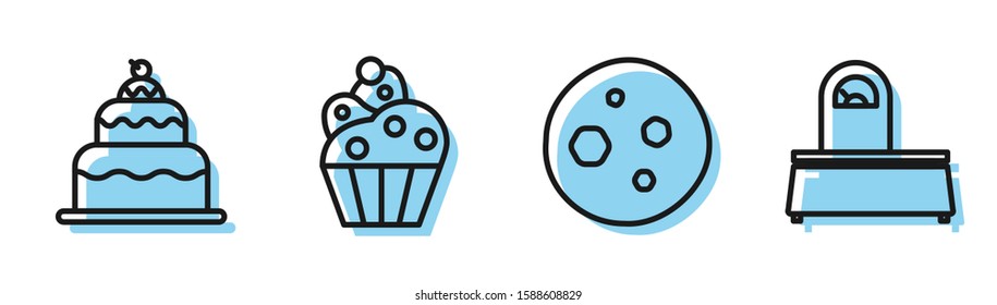 Set line Cookie or biscuit with chocolate , Cake , Cupcake  and Scales  icon. Vector
