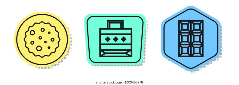 Set line Cookie or biscuit with chocolate, Christmas paper shopping bag and Chocolate bar. Colored shapes. Vector